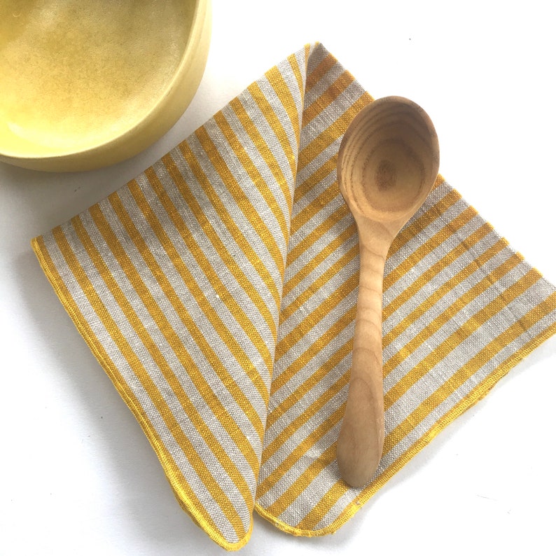 Striped linen napkins, bright yellow printed stripes, cheerful napkins, happy kitchen, gift for her, fun kitchen, napkin sets, sunny color image 2