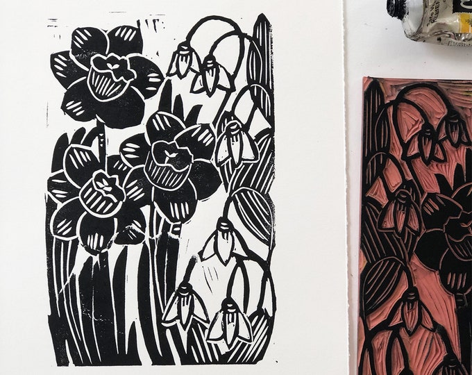 Daffodils and Snowdrops, Hand printed linocut art, Floral art