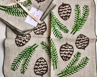 Pine Cone Cloth napkins, linen, botanical ,woodsy gift for nature lover, Christmas table