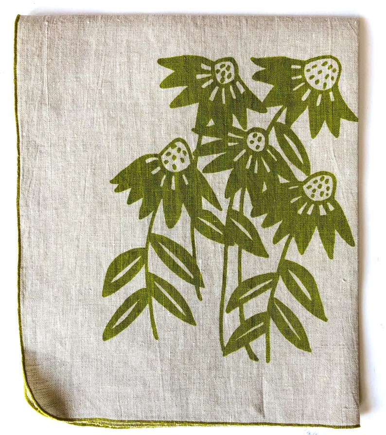 Echinacea Flower linen kitchen towel, Cone Flower, hand towel, dish cloth, handprinted tea towel, gift for garden lover, floral kitchen, image 3