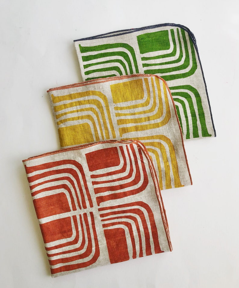 Modern Abstract Hand Printed Napkins, Linen Retro image 10