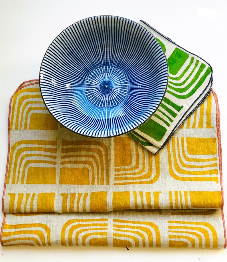 Linen Placemats, Retro design, mustard yellow, hand printed image 2