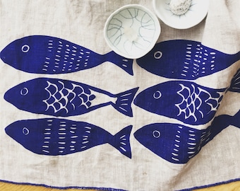 Linen fabric Tea Towel, Scandinavian Sardines Blue Fish, Kitchen, Minimalist print, Hostess gift, Housewarming gift, Unpaper Towels