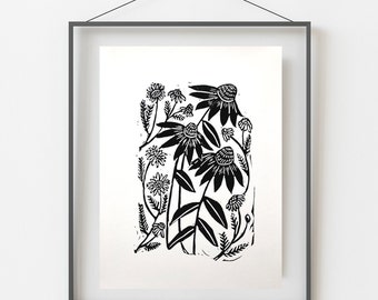 Hand Printed Echinacea Art, Floral Blockprint, Flowers
