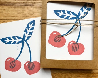 Cherries Greeting Card Set, Handprinted linocut Cards