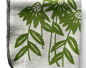 Floral Linen Napkins set, echinacea flowers, handprinted tableware, linen, woodsy