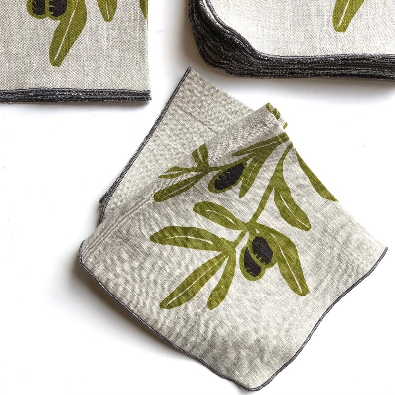 Olive Branch Linen Napkins, Mediterranean, Food, Garden image 5