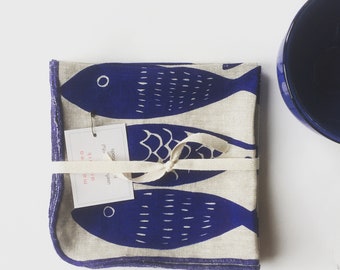 Sardine linen napkins, Nordic fish, Ocean theme, Navy, Sea
