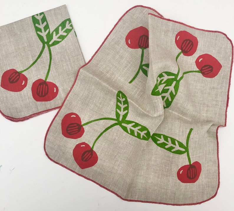 Cherries Linen Napkins, Hand printed fruit napkins image 5