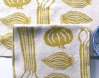 Linen Napkins, Onion Vegetable Design, Handprinted
