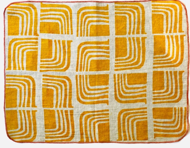 Linen Placemats, Retro design, mustard yellow, hand printed image 5