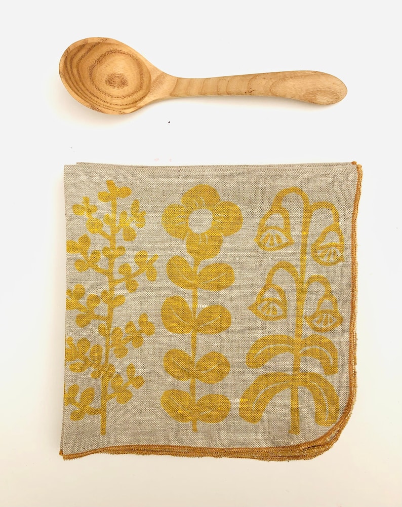 Yellow Folk Flowers, Linen Cloth Napkin Set image 4