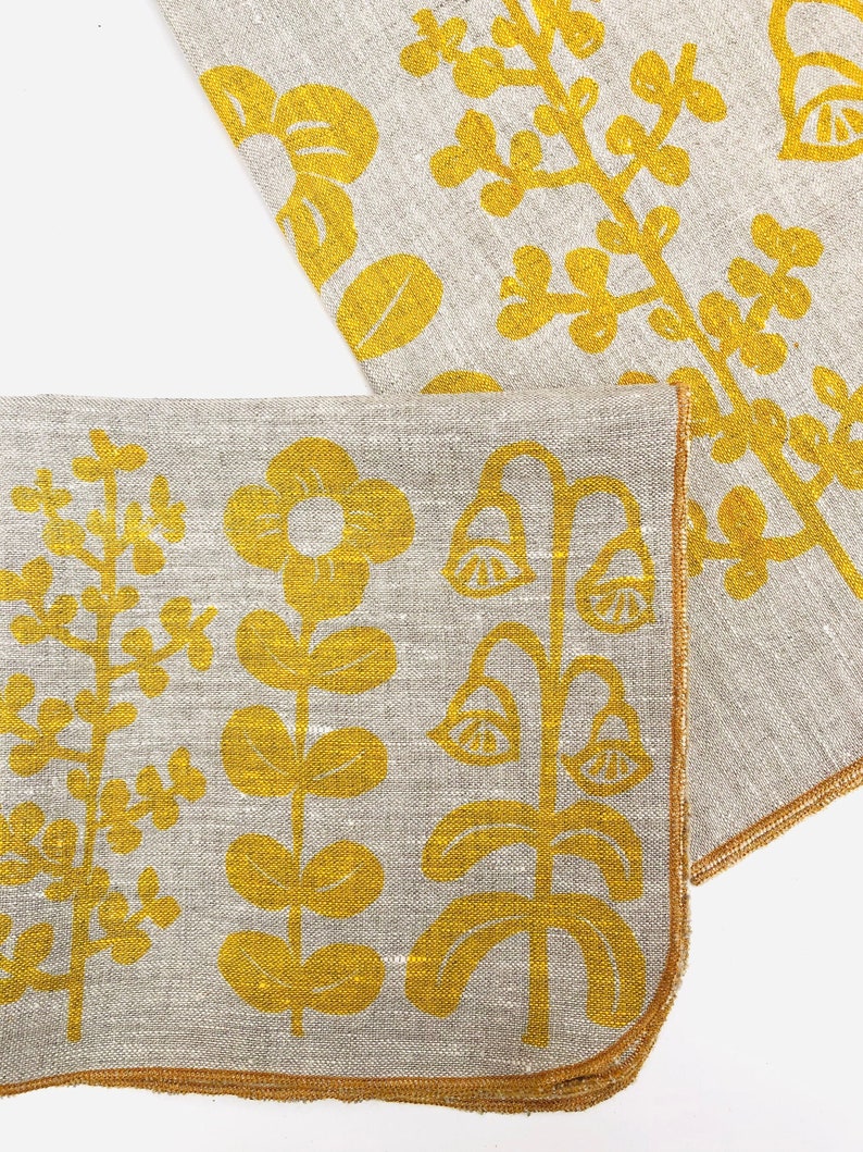 Yellow Folk Flowers, Linen Cloth Napkin Set image 6