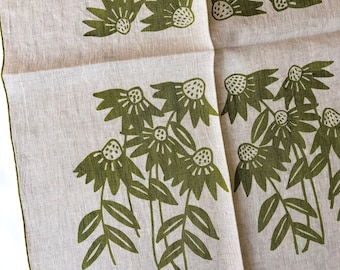 Echinacea Flower linen kitchen towel, Cone Flower, hand towel, dish cloth, handprinted tea towel, gift for garden lover, floral kitchen,