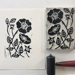 Rose Hand printed linocut art, Floral art, Native Plant image 1