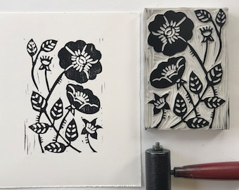 Rose Hand printed linocut art, Floral art, Native Plant