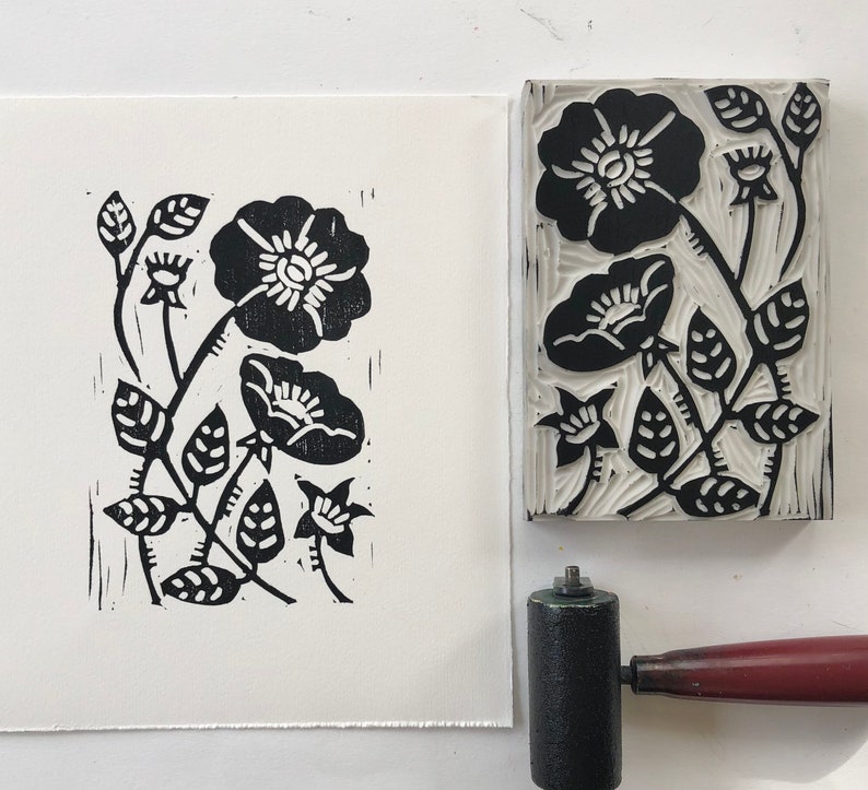 Rose Hand printed linocut art, Floral art, Native Plant image 1