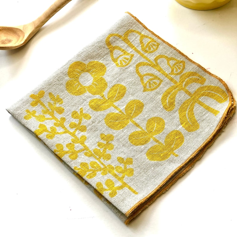 Yellow Folk Flowers, Linen Cloth Napkin Set image 2