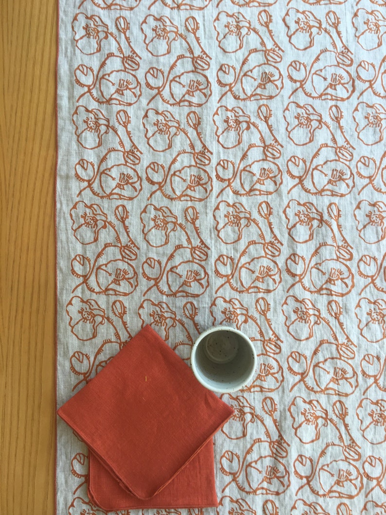 Poppy Flowers hand printed linen table runner image 1