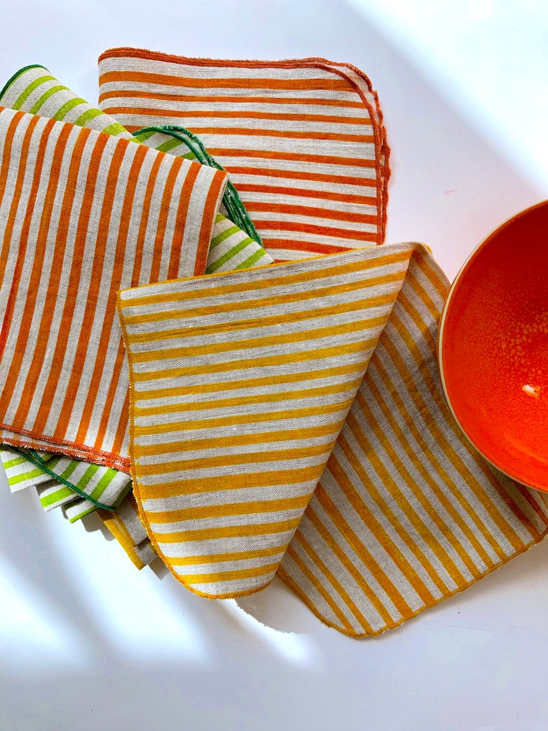 Striped linen napkins, bright orange, hand printed, stripes, tangerine image 7