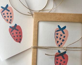 Strawberry Greeting Card Set, Handprinted Cards