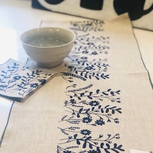 May include: A beige linen table runner and matching coaster set with a dark blue floral pattern. A light beige bowl is on the table. A pillow with a black and white design is in the background.