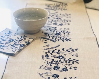 Blue Floral table runner hand printed on natural linen