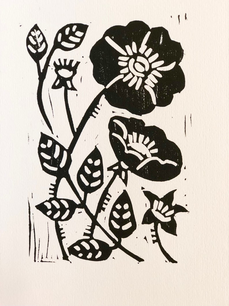 Rose Hand printed linocut art, Floral art, Native Plant image 6