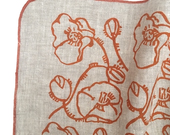 Poppy printed linen tea towel, kitchen towel, floral, orange poppies