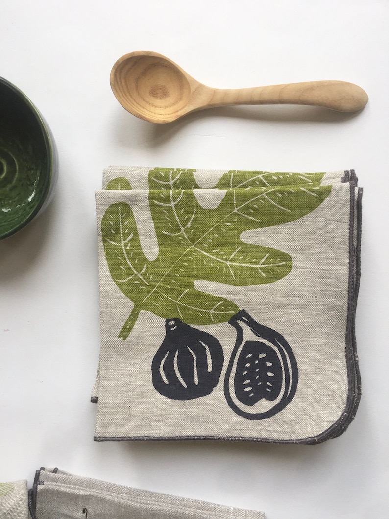 Fig Linen Napkins, Set of 4, Hand Printed Napkins image 1