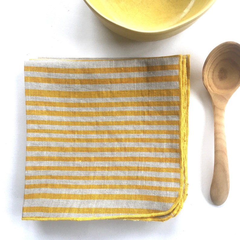 Striped linen napkins, bright yellow printed stripes, cheerful napkins, happy kitchen, gift for her, fun kitchen, napkin sets, sunny color image 1