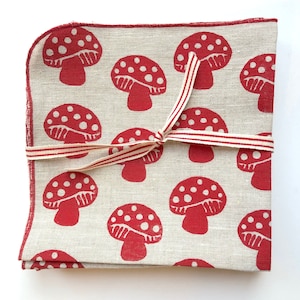 Mushroom Napkins, Linen Napkins, Woodland, Red and White mushrooms image 1