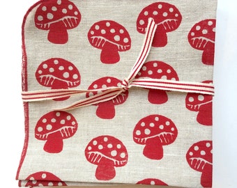 Mushroom Napkins, Linen Napkins, Woodland, Red and White mushrooms