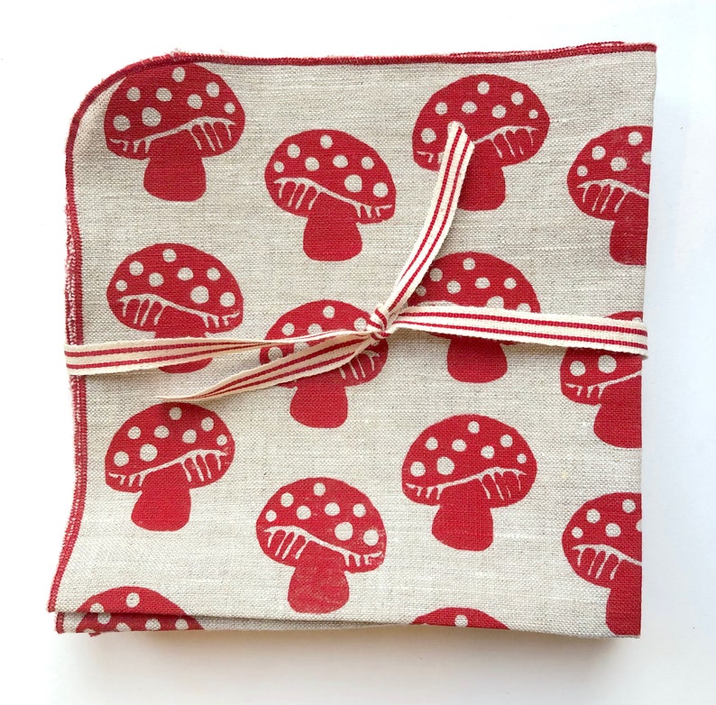 Mushroom Napkins, Linen Napkins, Woodland, Red and White mushrooms image 1