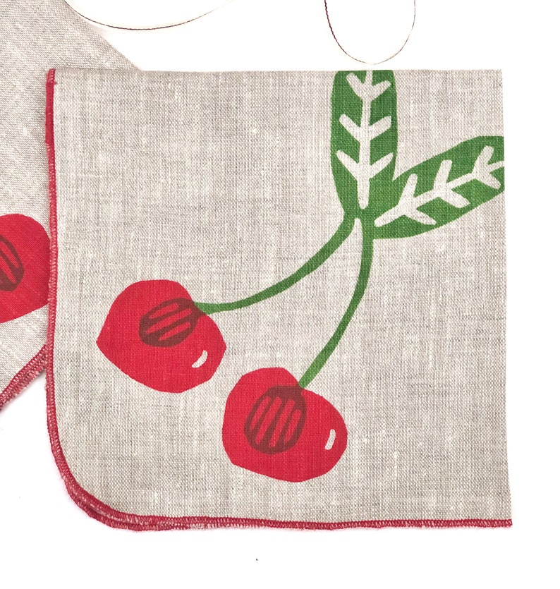 Cherries Linen Napkins, Hand printed fruit napkins image 2