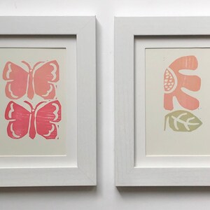 Original block print art, gallery wall print, butterfly, blush color, floral, nursery art, colorful fun art, California vibe, linocut print image 3