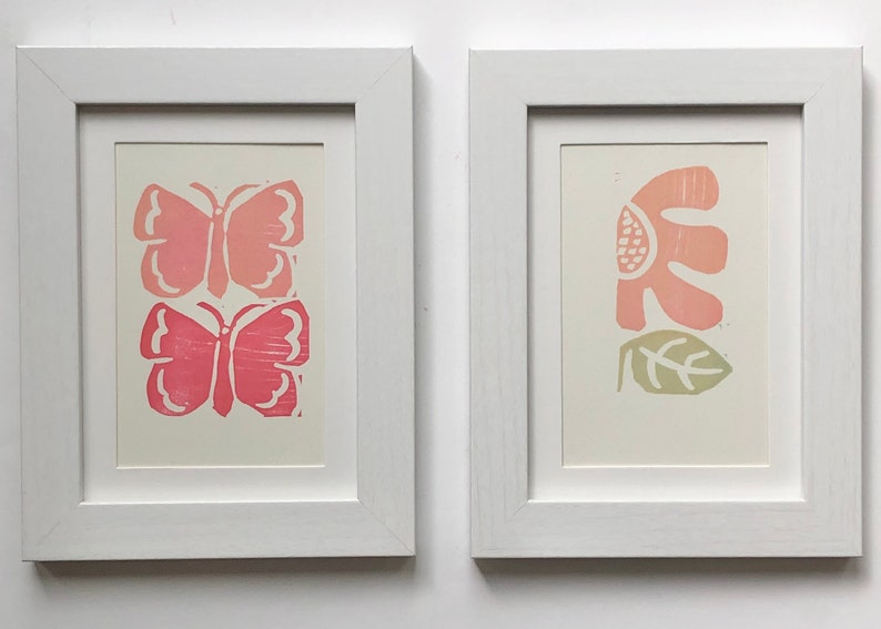 Original block print art, gallery wall print, butterfly, blush color, floral, nursery art, colorful fun art, California vibe, linocut print image 3