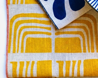 Linen Placemats, Retro design, mustard yellow,  hand printed