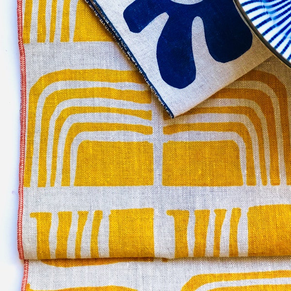 Linen Placemats, Retro design, mustard yellow,  hand printed