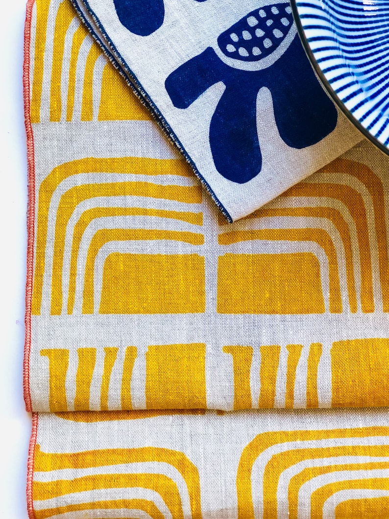 Linen Placemats, Retro design, mustard yellow, hand printed