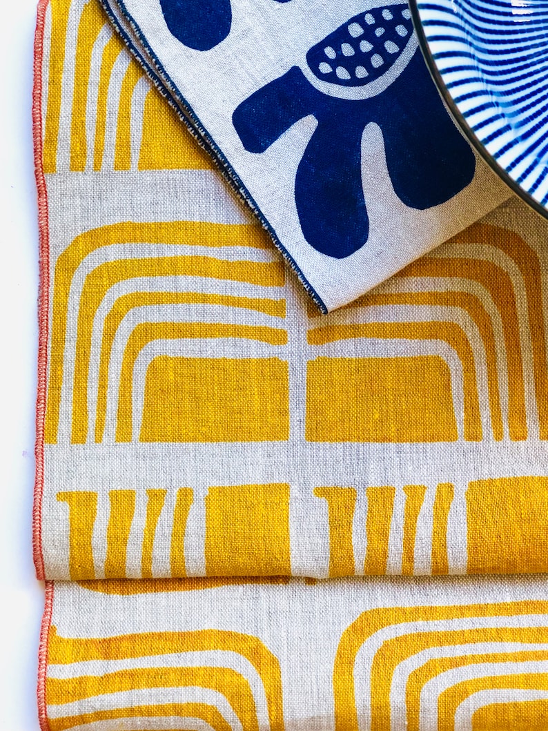 Linen Placemats, Retro design, mustard yellow, hand printed image 1