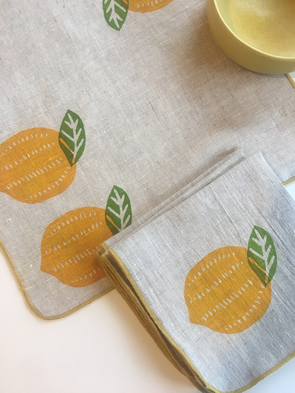 4 Lemon Linen Fabric Napkins Hand Printed Homegoods Dinner Etsy