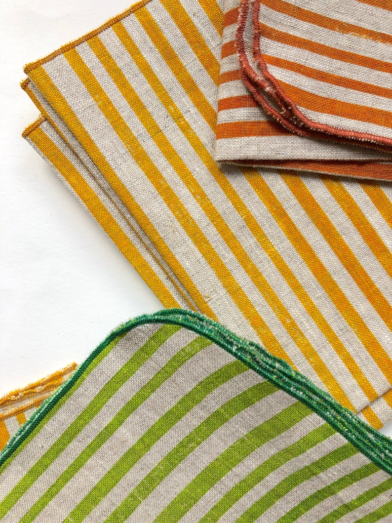 Striped linen napkins, bright orange, hand printed, stripes, tangerine image 5