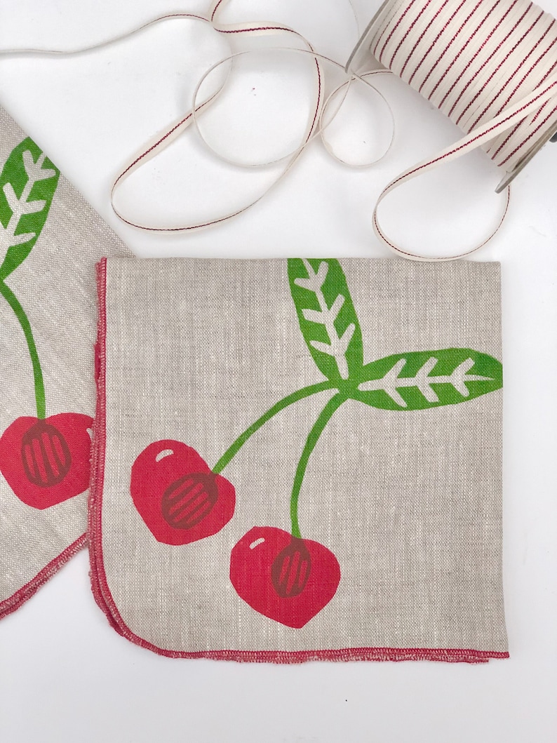 Cherries Linen Napkins, Hand printed fruit napkins image 1