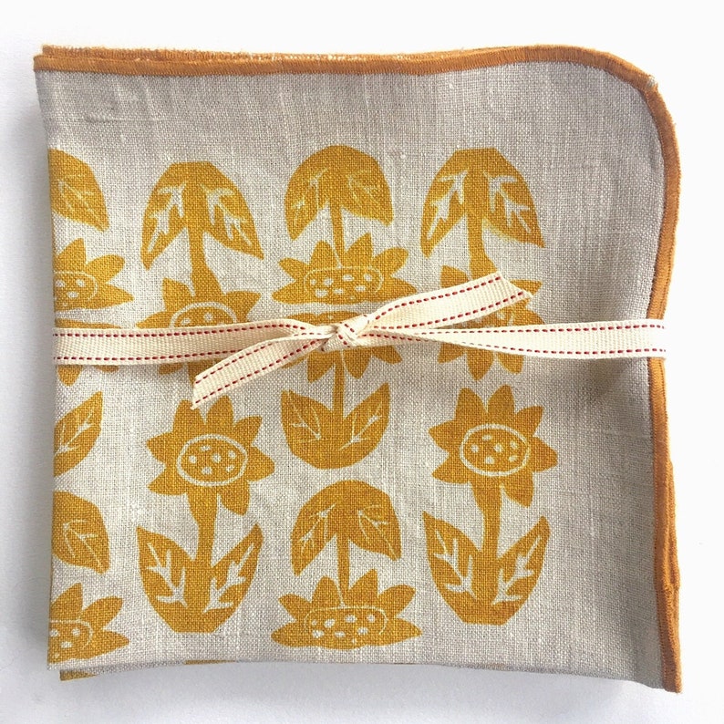 Sunflower cloth linen napkin set, handprinted floralflowers, hand printed screen print, made in USA, cheery