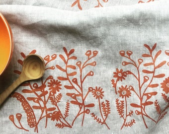 Woodland Flowers tea towel, handprinted linen