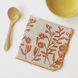 Floral Linen Napkins set of 4, handprinted tableware, linen woodsy, forest mustard edge
