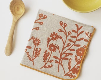 Floral Linen Napkins set of 4, handprinted tableware, linen woodsy, forest