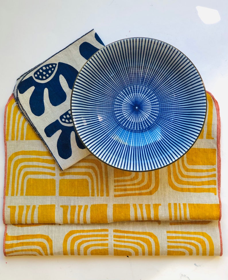 Linen Placemats, Retro design, mustard yellow, hand printed