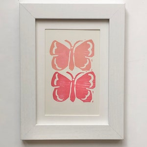 Original block print art, gallery wall print, butterfly, blush color, floral, nursery art, colorful fun art, California vibe, linocut print Butterflies